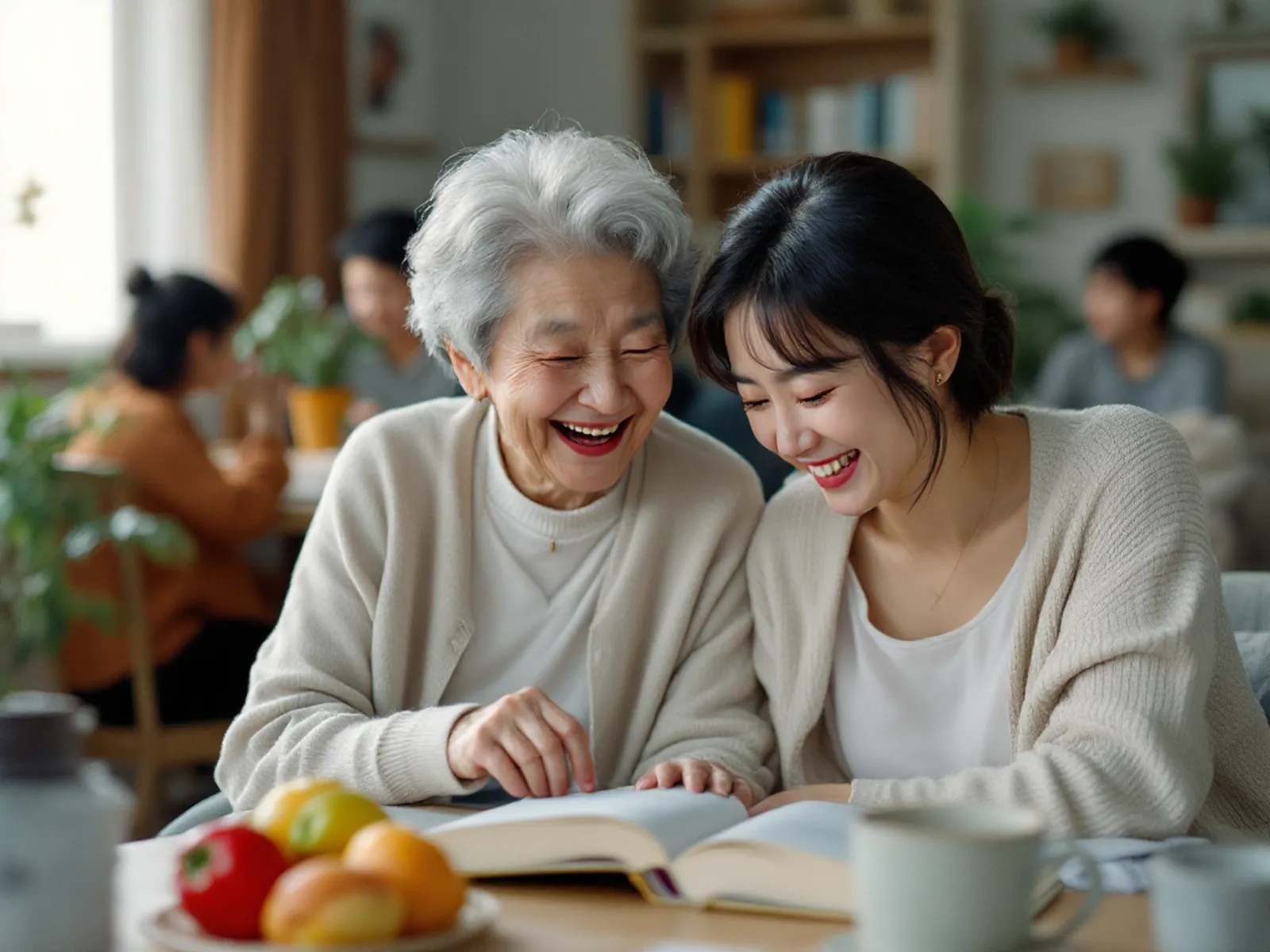 칠순을 맞은 어머니와 딸이 무릎 위에 책을 펼쳐 놓고 함께 웃고 있다